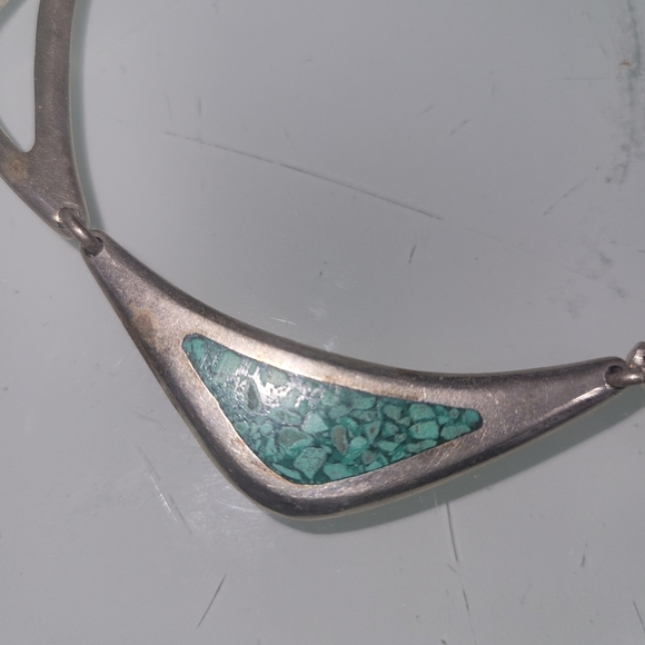vintage Mexico sterling silver 925 turquoise chip inlay aztec motif necklace - Picture 11 of 12
